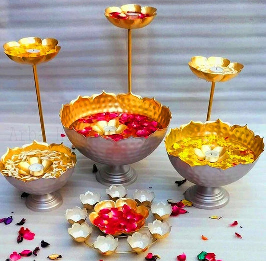 Royal Taj Lotus Urli and Diya Set (Set of 10) - Cutesy Poo